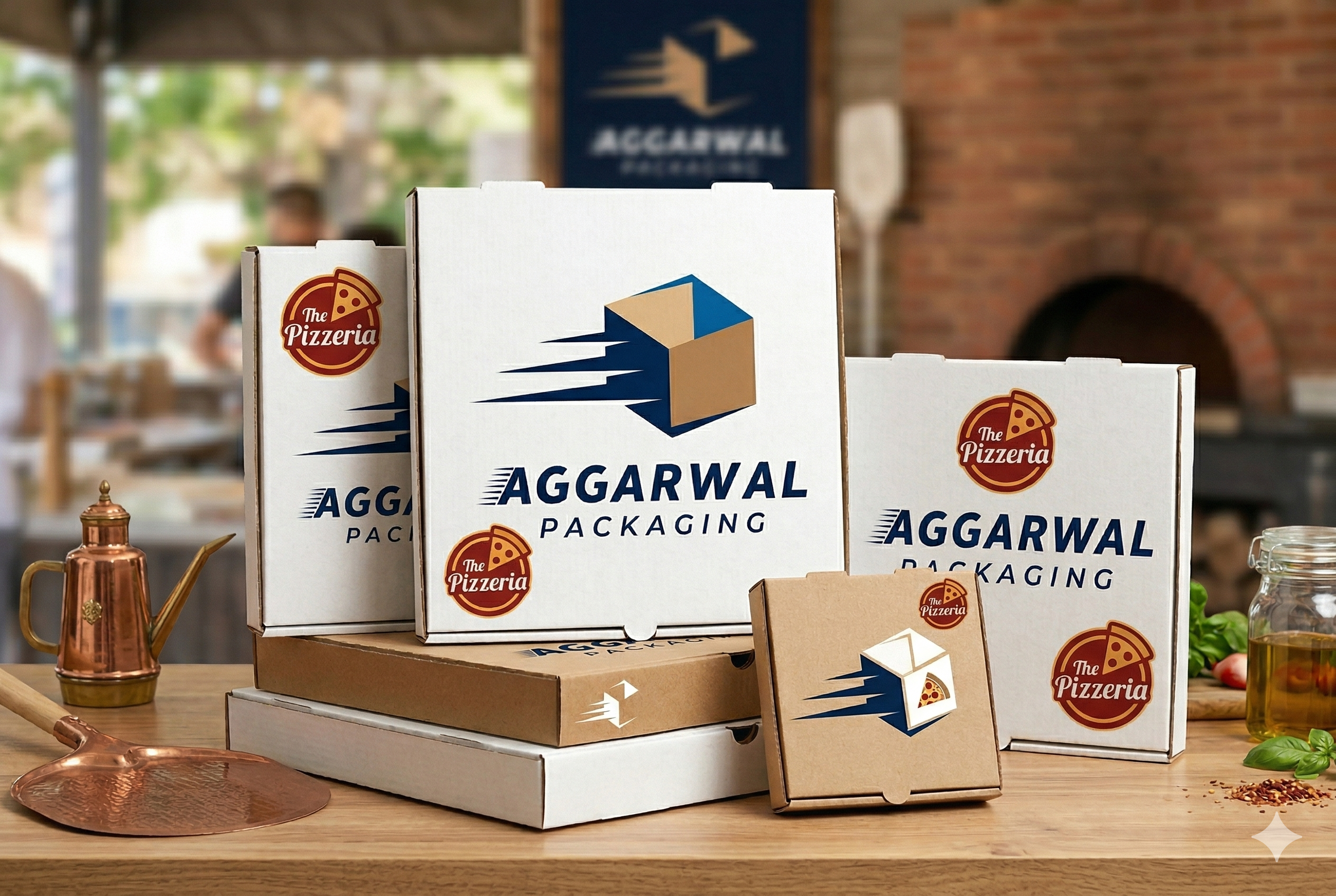 Empty pizza packaging boxes